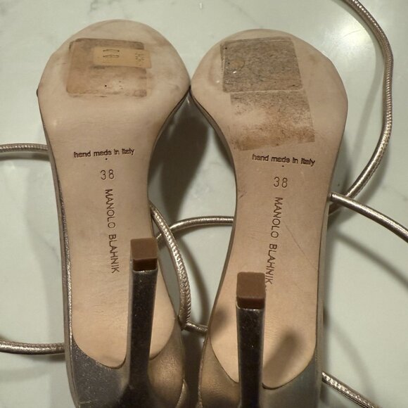 Manolo Blahnik Women’s Estro Leather & PVC Ankle-Tie Sandals in Rose Gold - Picture 6 of 7